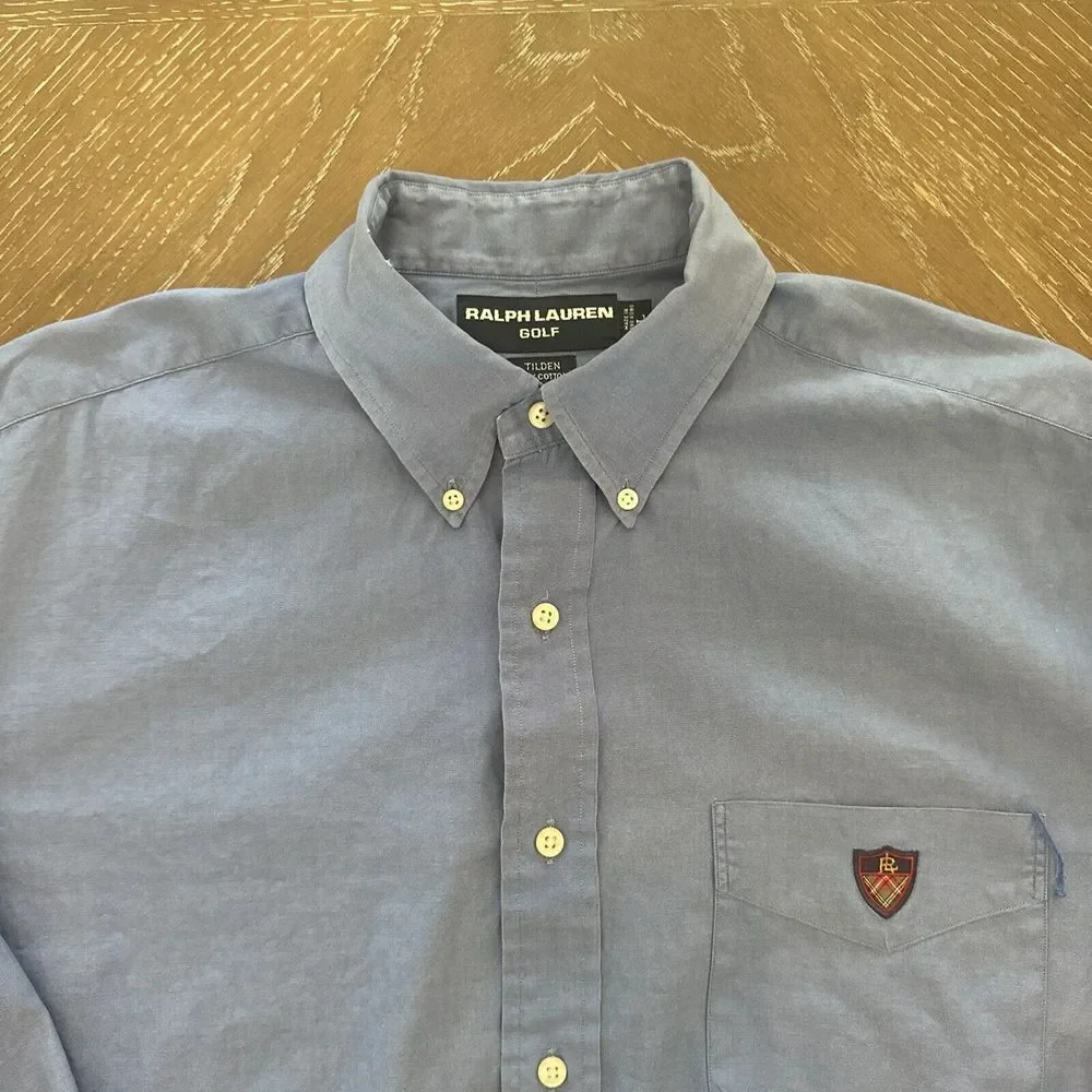Ralph Lauren Golf LARGE BLUE Shirt Men's Tilden 100% Cotton Button‎ Up EXCELLENT